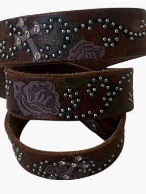 Embellished Brown Floral Leather Women’s Belt - No Buckle